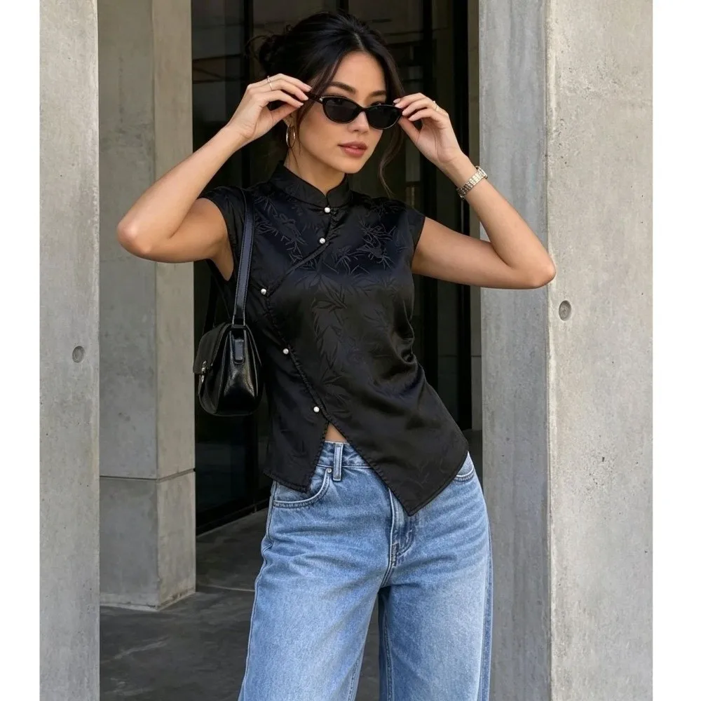 Fashionable Asymmetry Hem Blouse Top Frog Button Side Placket Qipao Tunic Stand Neck Jacquard Weave Casual Tank Autumn Outfit