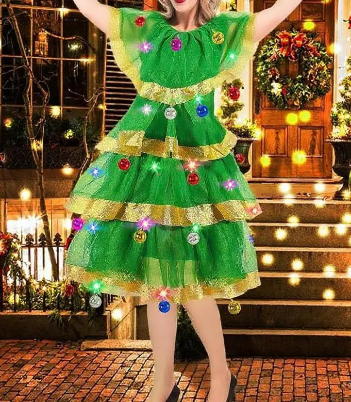 Novo traje feminino de árvore de natal, vestido de tule em camadas com babados, fantasias cosplay para festas s m l
