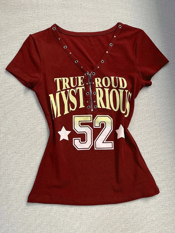 Blue Letter Print ort Sve V-Ne T-irt Women's Summer Vintage Sle Regular Fit Cotton Top for Young Ladies