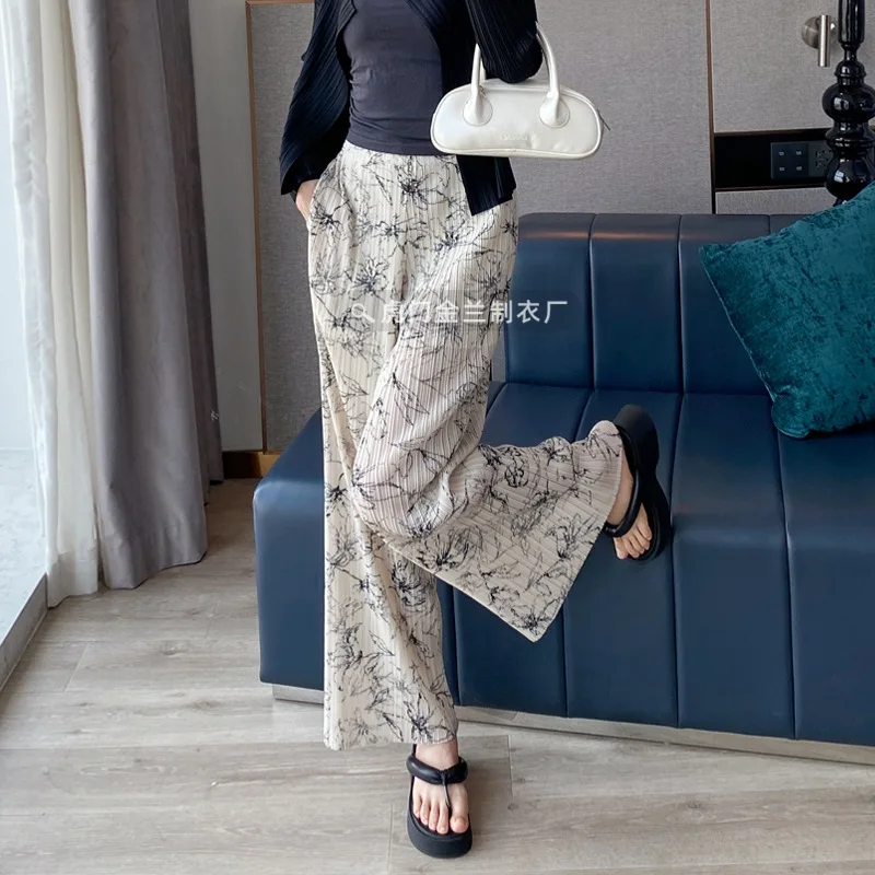 Pleats Vintage Pleated Trousers Printed Straight Casual Trousers Women 2024 Summer Section Large Size Women's Wide-leg Trousers