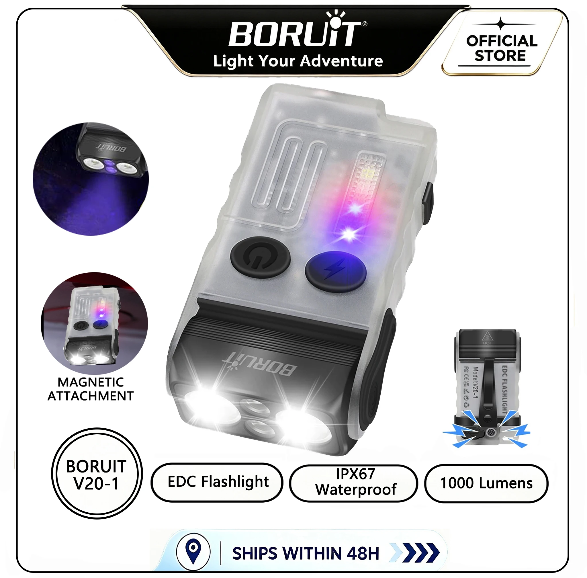 BORUiT V20-1 UV EDC LED Keychain Flashlight Type-C Rechargeable Torch Buzzer Work Light with Magnet Camping Pocket Lantern