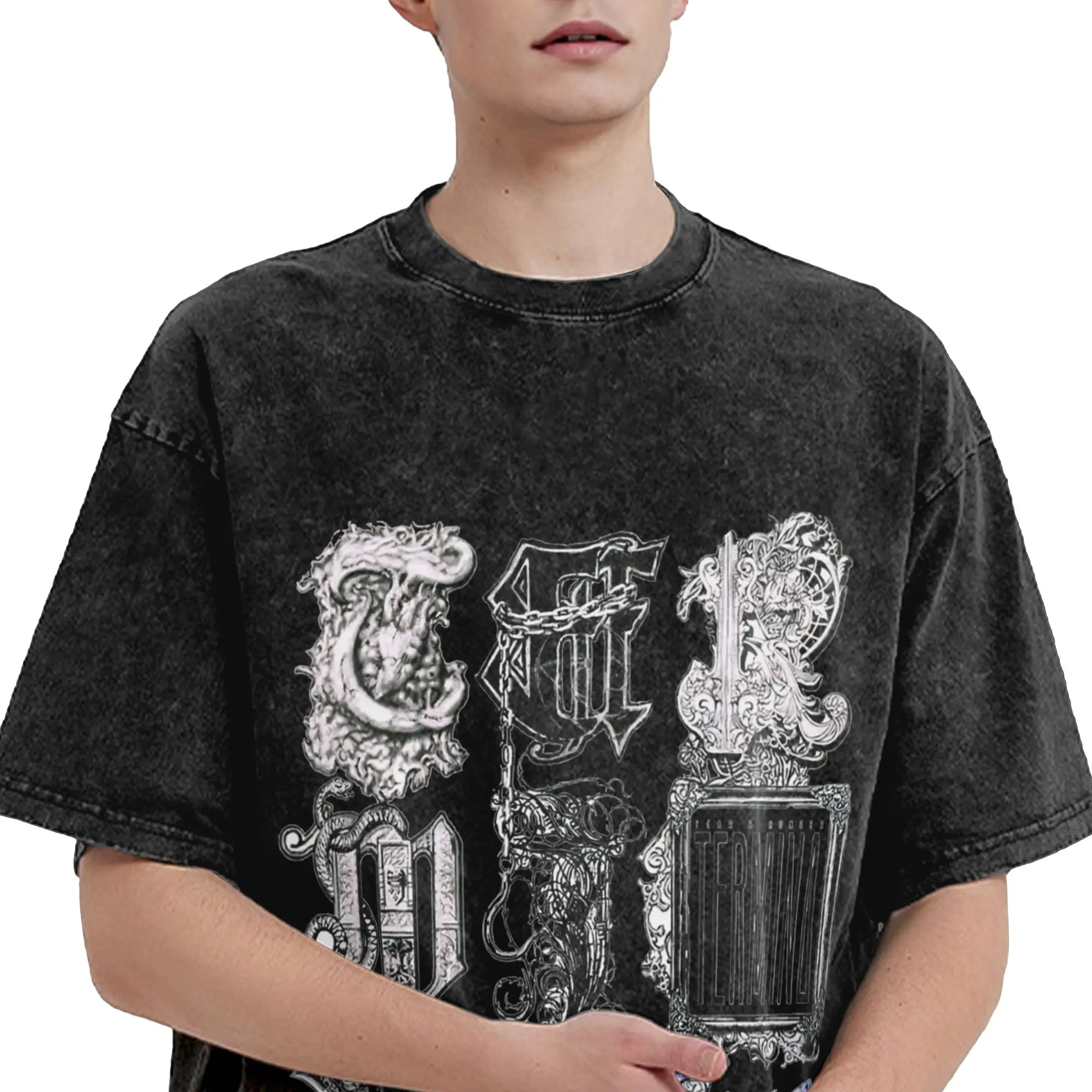 Harajuku غسلها تي شيرت الخوف والجوع Termina تي شيرتات قطن شعبية التي شيرت للرجل الصيف الجمالية بلايز عادية #1