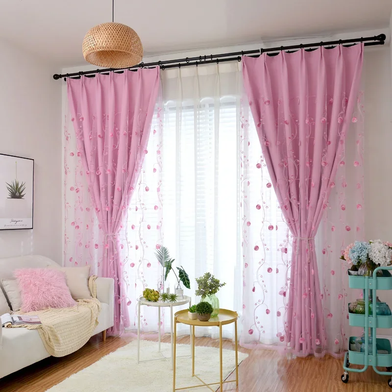 European Style Purple Embroidered Sheer Curtain Plus Thick Cloth Curtain Double Layer Curtain for Bedroom Living Room