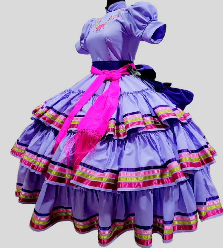 Lilac Mariachi Mexican Vestido De 15 Quinceañera Charro Embroidery Xv Escaramuza Sweet 16 Dress Colorful Tiered Party Customized