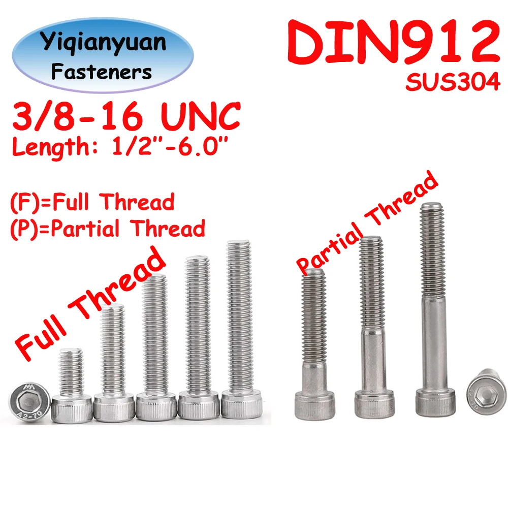 Yiqianyuan 3/8-16 UNC DIN912 SUS304 Stainless Steel Hexagon Socket Knurled Cap Head Screws Allen Bolts Full/Partial Threaded
