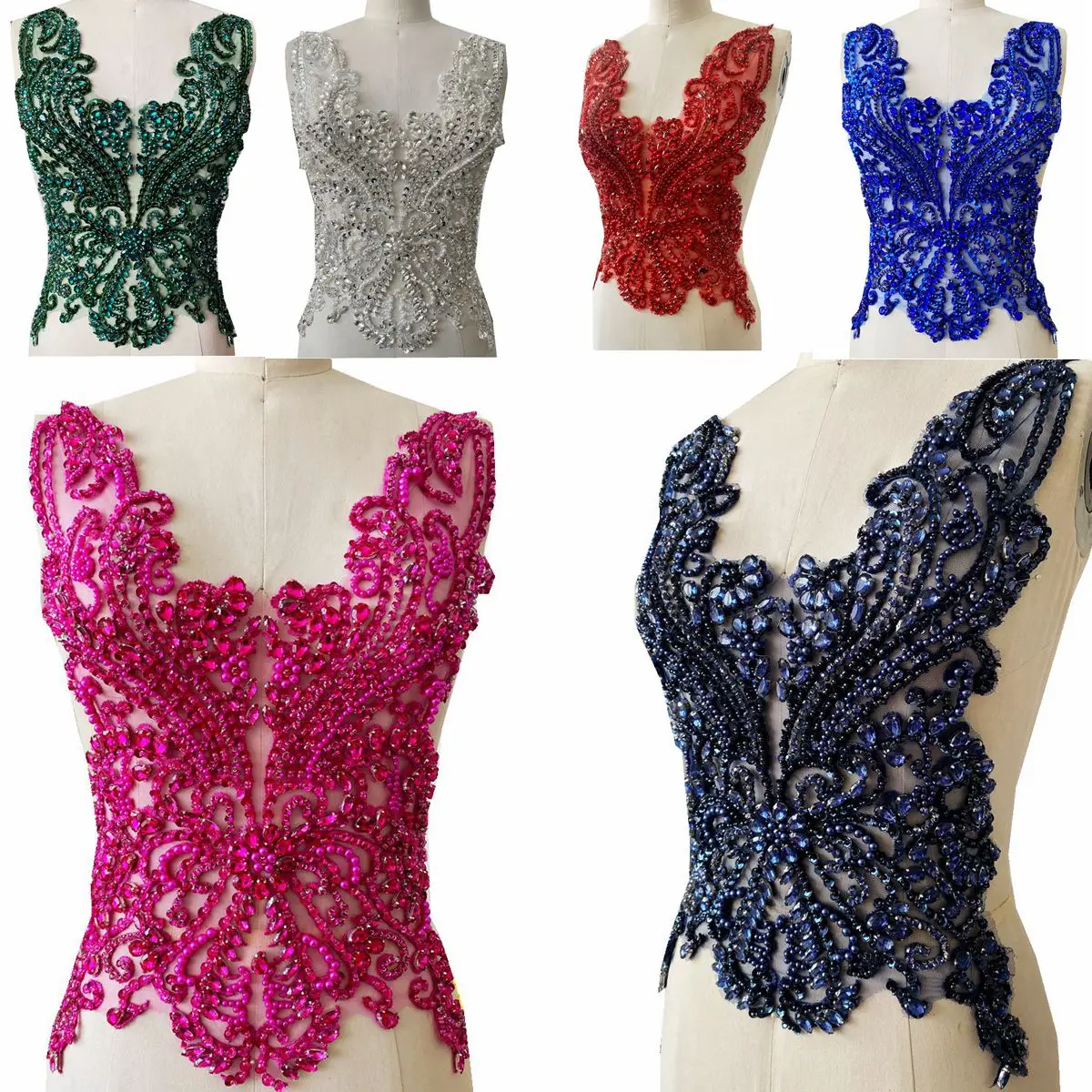 

Handmade red/royalblue/ddepgreen/gold/silver rhinestones bodice applique sewing beads crystal trim patches dress accessory