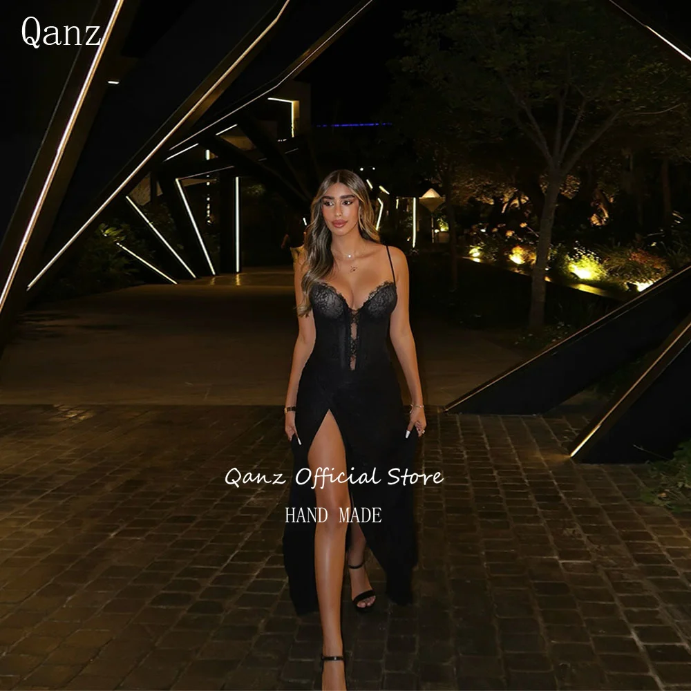 

Qanz Spaghettti Straps Black Evening Dresses High Side Slit Lace Appliques Vestidos De Gala Sweetheart Party Gowns Customized