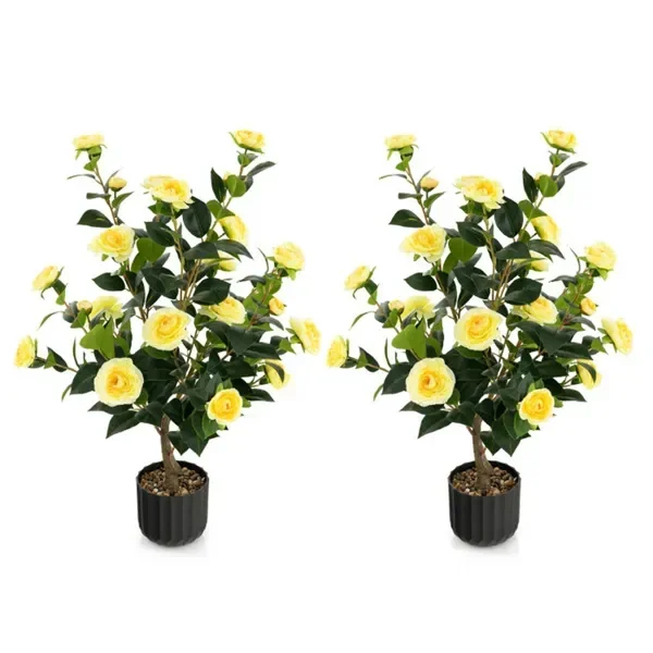 

38 Inch Faux Camellia Tree in Cement Yellow, 2 Pieces