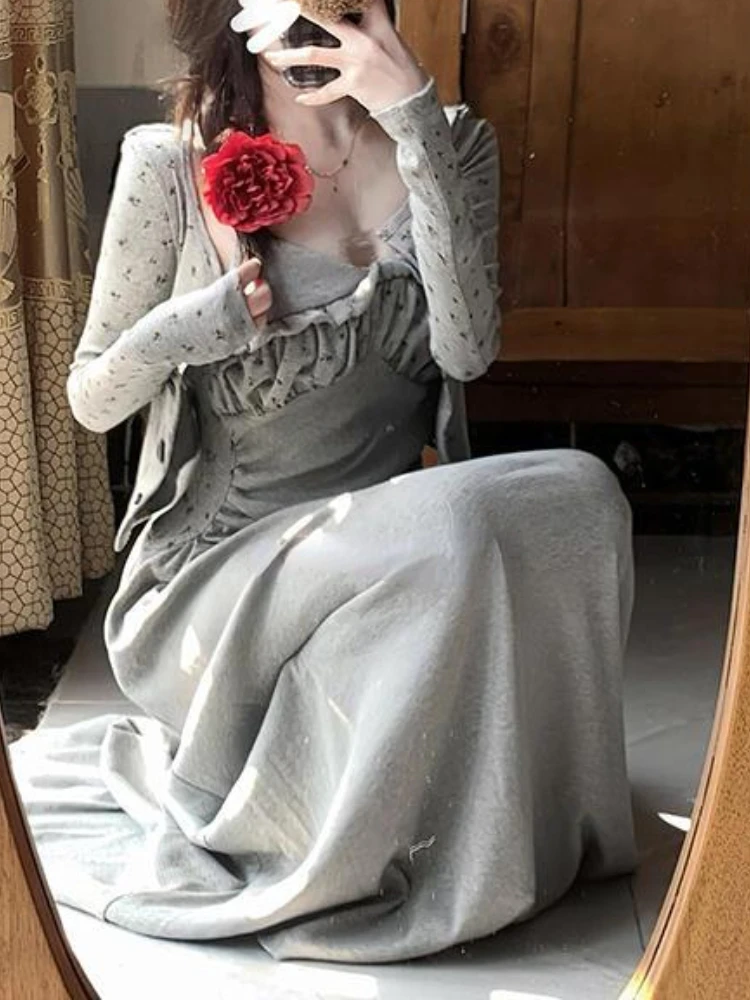 Gray French Vintage Two Piece Set Women Patchwork Floral Elegant Dress Suit Female Korean Style Cardigan Sweet Maxi Dress 2024