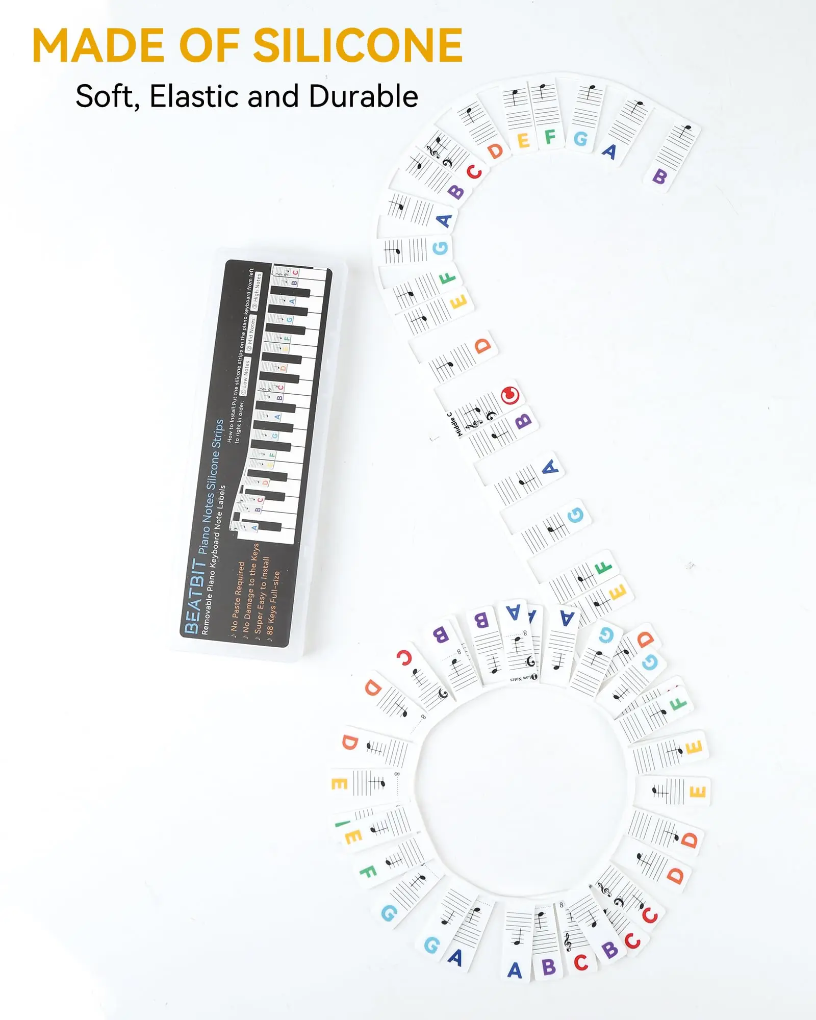 Piano Notes Guide with box for Beginner, Silicone Reusable 88-Key Full Size Removable Piano Keyboard Note Labels for Learning