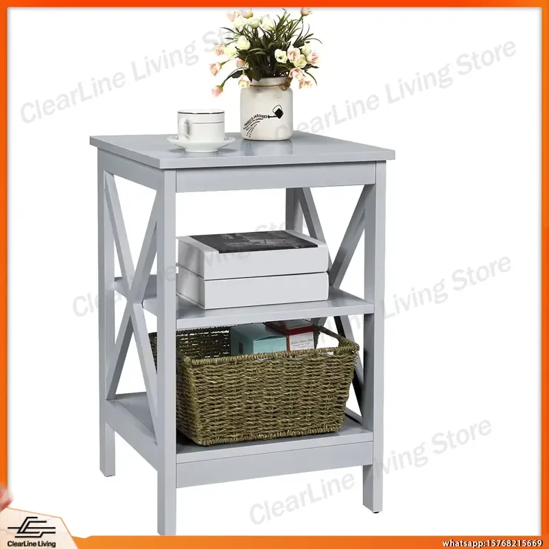 3-Tier X-Design Nightstand Side Table End Table Bedside Table for Bedroom Living Room Office Storage Shelf Grey Metal Steel