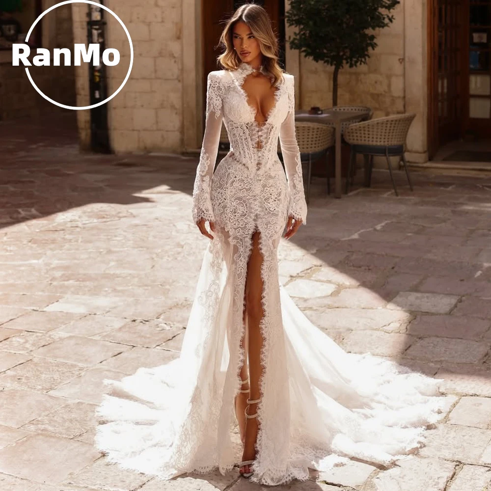 Ranmo Sexy Illusion Meerjungfrauen-Hochzeitskleid mit hohem Schlitz, luxuriöses Spitzen-Brautkleid, maßgeschneidertes elegantes Langarmkleid 2026 für die Braut
