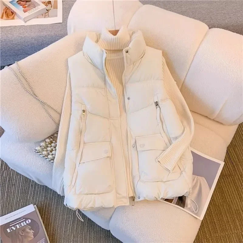 2024 New Women\'s Down Cotton Vest Korean Outerwear Cotton-padded Coat Winter Wear Sleeveless Stand Collar Puffer Jacket Outwear