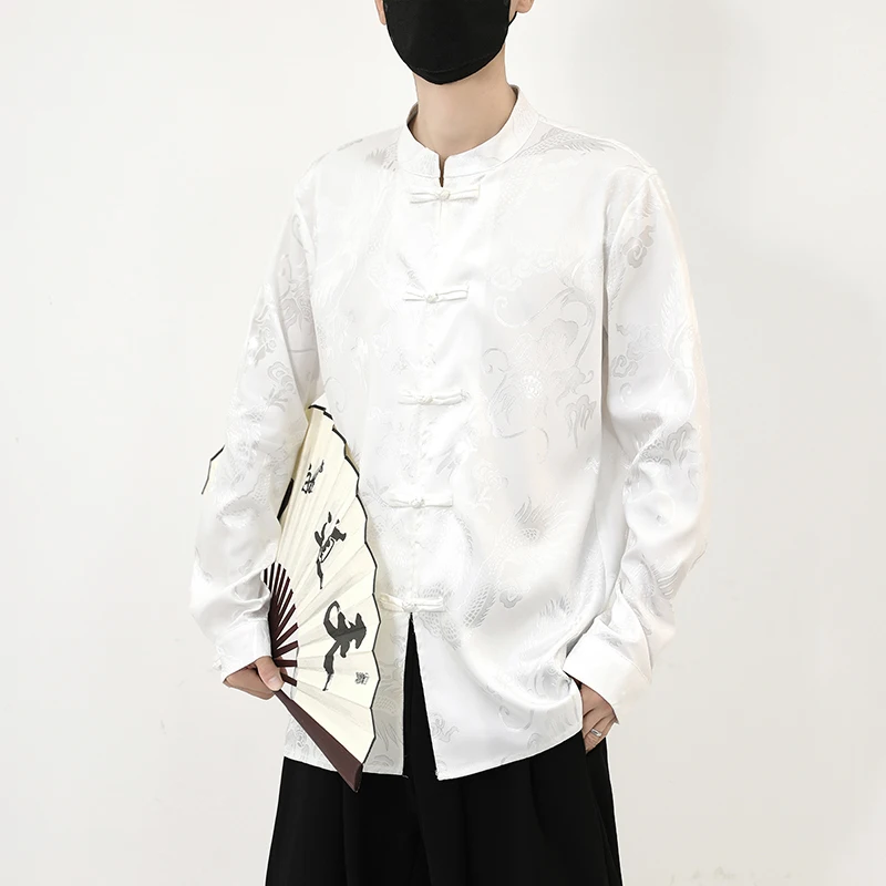 Oriental Style Long Sleeve Shirt Dragon Pattern Mandarin Collar Blouse with Frog Buttons Retro Loose Fit Fall Top for Men M-5XL