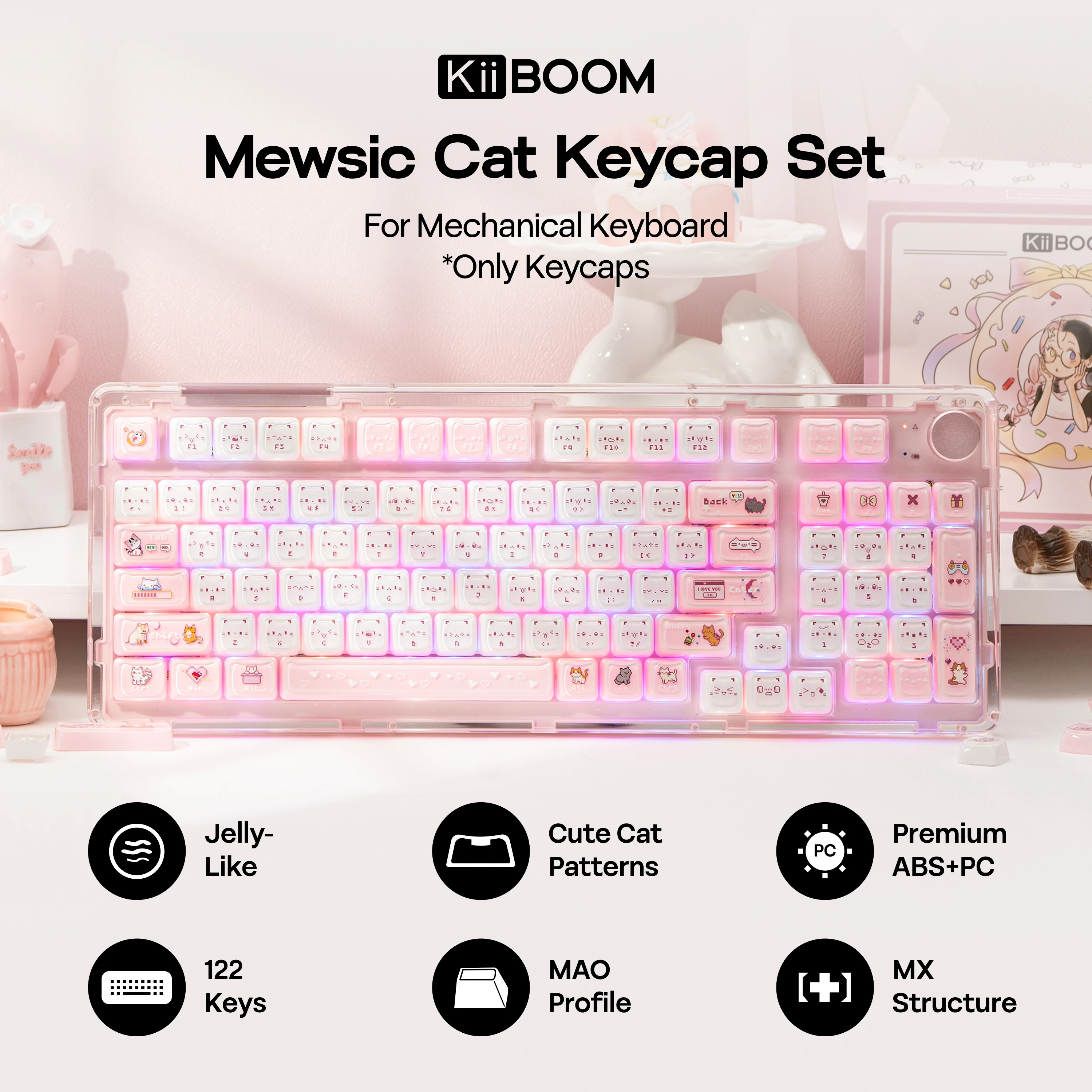 KiiBOOM Mewsic Jelly Keycap Set 122 MAO Profile ABS+PC Keycaps for 60%/65%/75%/TKL/96%/Full-Sized Keyboard view 2