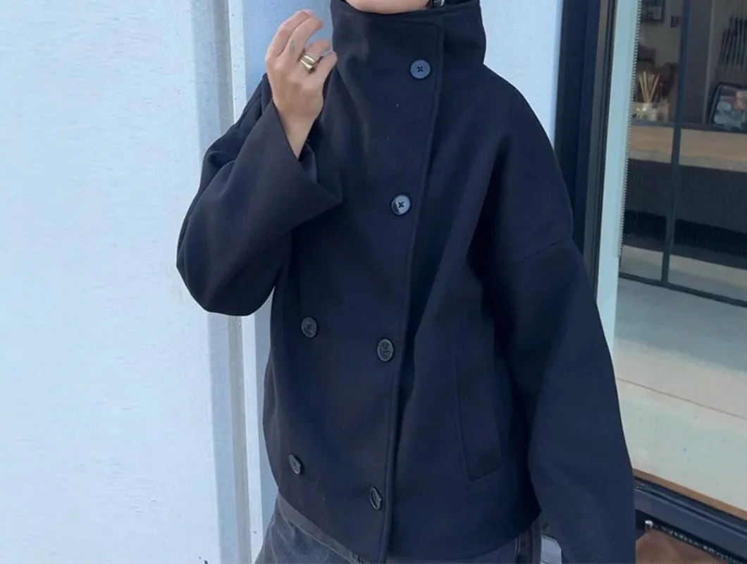 

Элегантное женское пальто с высоким воротником-стойкой и длинными рукавами, двубортное однотонное женское пальто Y2k, осенняя модная уличная одежда