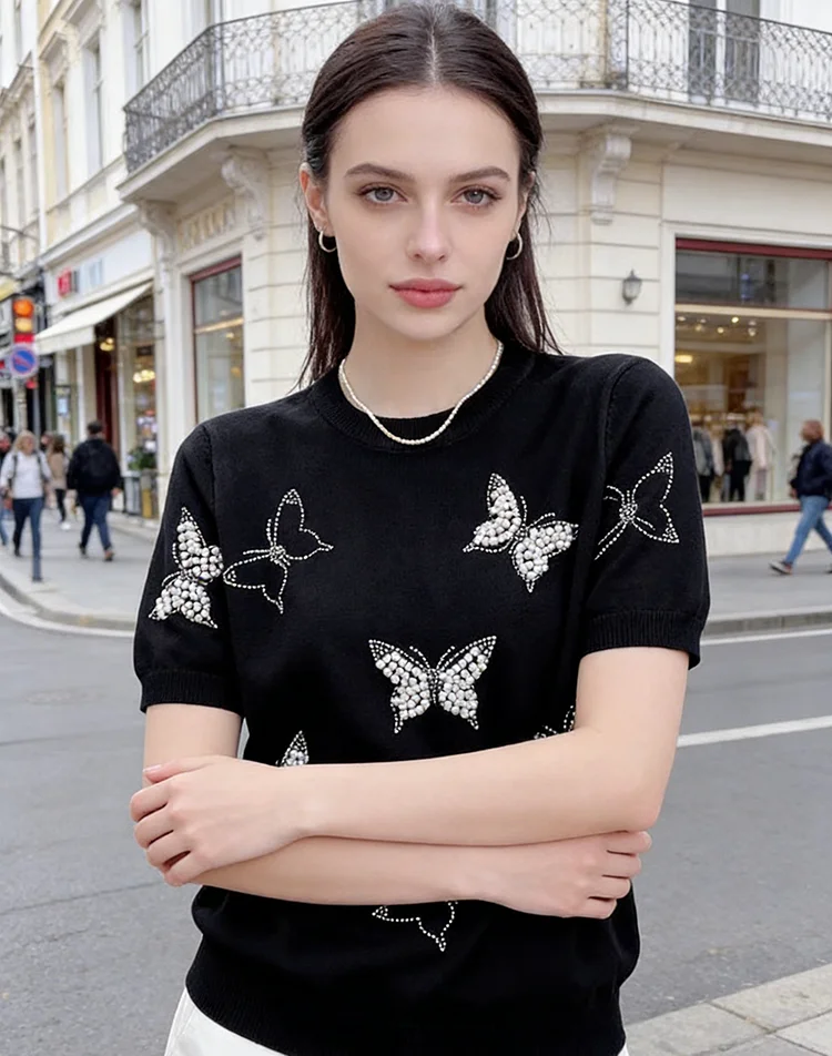 

Женские футболки с бисером и жемчугом, универсальные футболки с круглым вырезом и принтом животных, красивые корейские модные повседневные однотонные модные мягкие OL