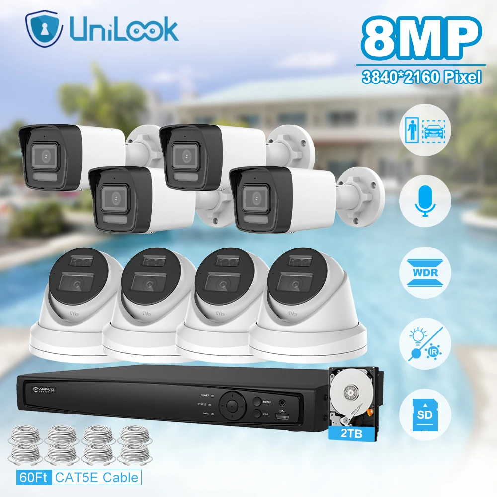 Unilook Security Protection 8MP Mini IP Camera System Kit 8pcs IP Camera Indoor 8CH 4K NVR CCTV Security System P2P View IP66