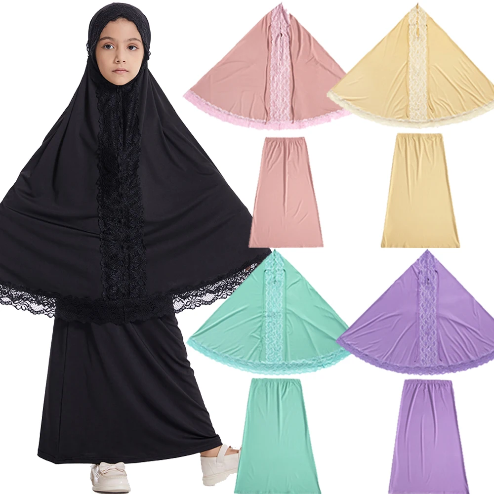 

2PCS Muslim Kids Girls Khimar Skirt Set Islam Prayer Garment Niqab Burqa Djellaba Dress Hijab Robe Abaya Jalabiya Kebaya Kaftan