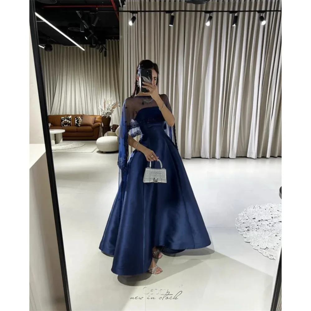 Cathy Navy Blue Satin Wedding Dresses Elegant Sleeveless Detachable Shawl vestidos de noche Floor-length Formal Evening 2024