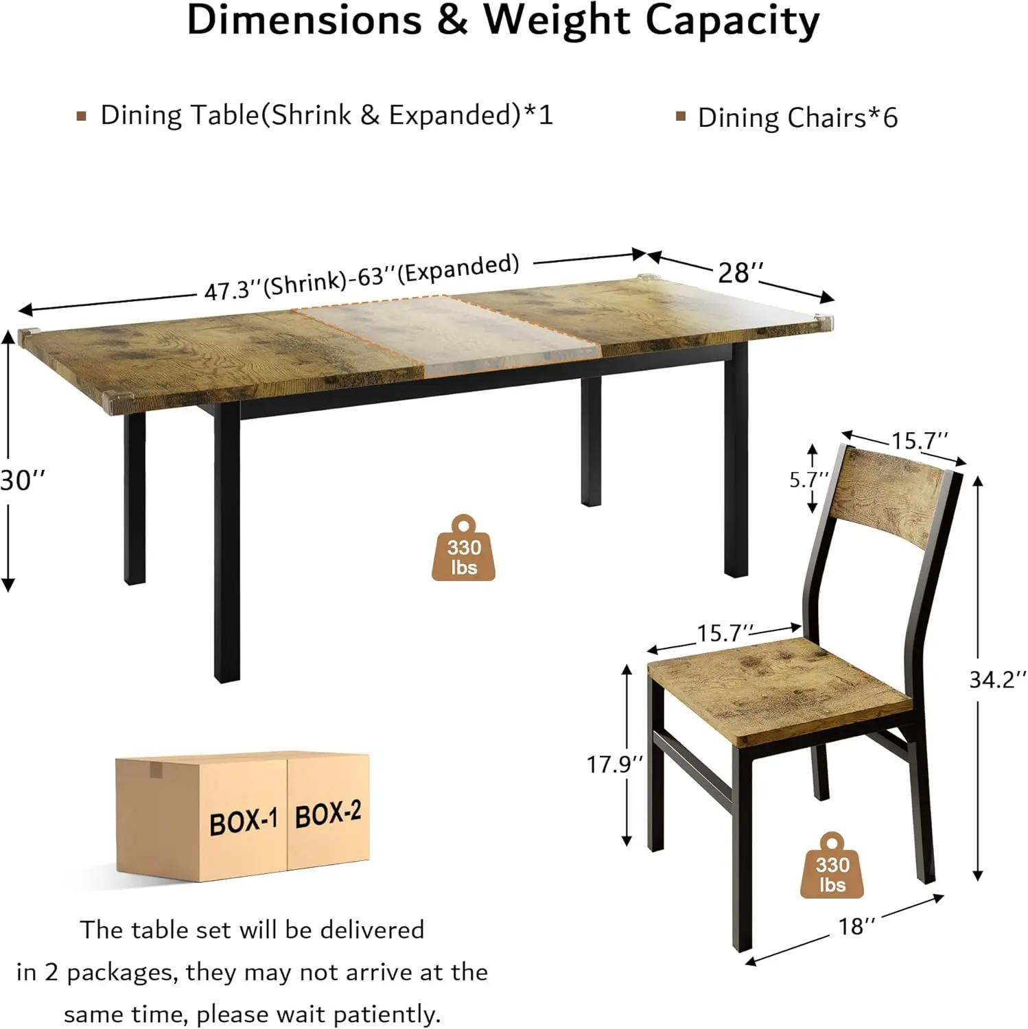 7-piece dining table and chairs, suitable for 4-6 inches, 63 inch expandable kitchen dining table with 6 chairs, country brown