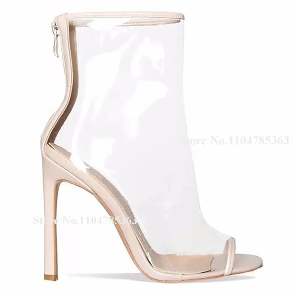 Sepatu Boots Pendek Hak Stiletto Patchwork PVC Transparan Seksi Peep Toe Hitam Putih Beige Hak Tipis Ukuran Besar