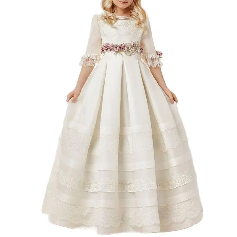 Vestido branco da menina flor com trem para criança, vestidos formais, primeira comunhão, aniversário, bebê, criança