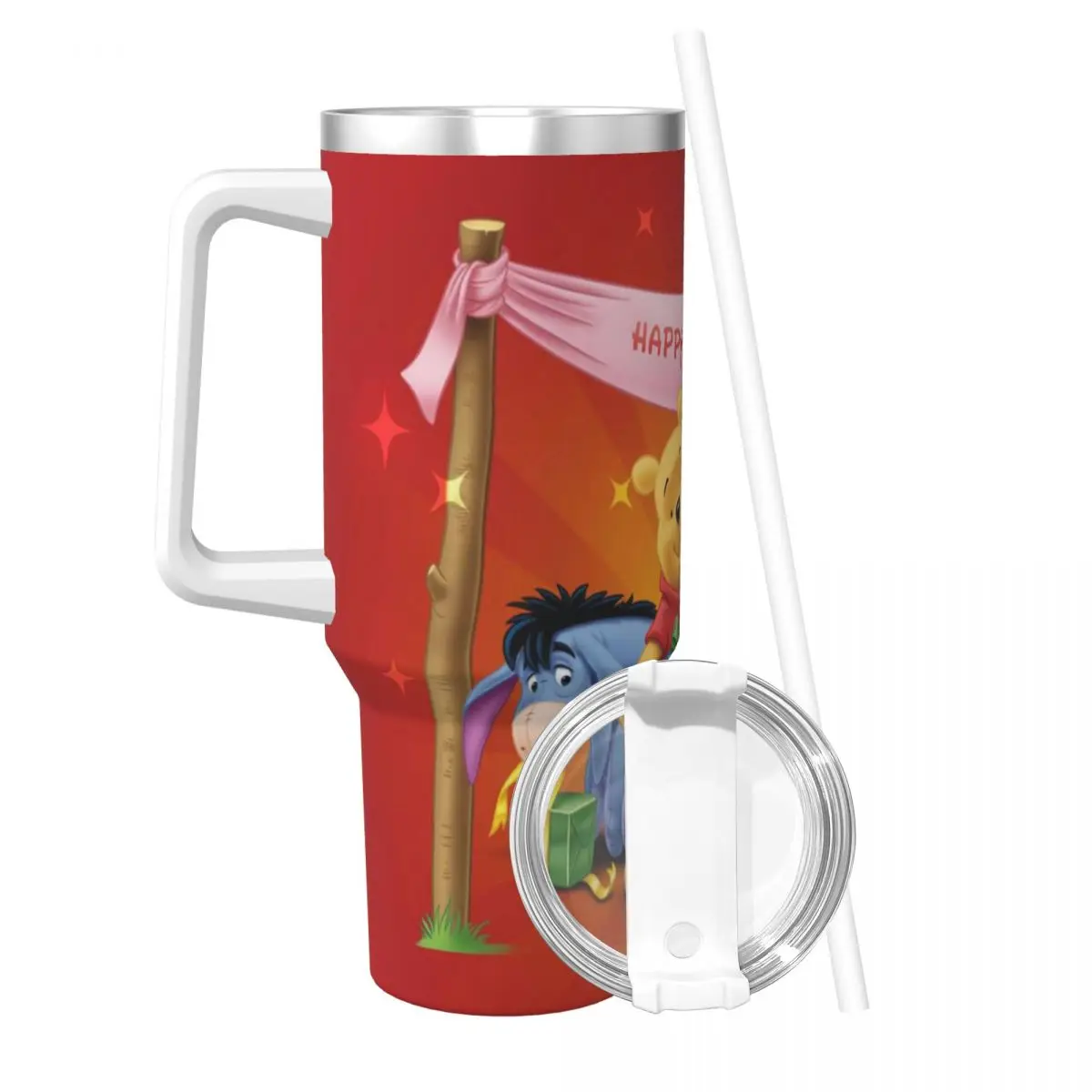 Stainless Steel Tumbler Winnie The Pooh Happy New Year Car Mugs With Straws Travelist Hot Drinks Bottle Heat Preservation Mug