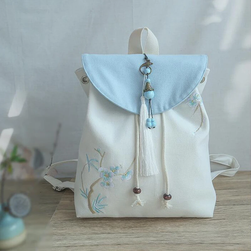 Chinese Embroidery Flower Tassel Backpack Casual Hanfu Handbag Multi Pocket Large Capacity Canvas Bag Women Ancient Backpack