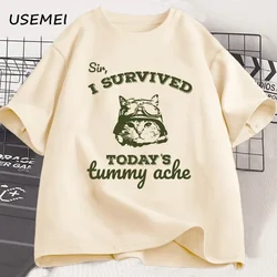 I Survived Today's Tummy Ache My Tummy Hurts T Shirt Funny Cat Kitten Print T-shirt Mens Designer Clothes Tshirt Unisex Tees