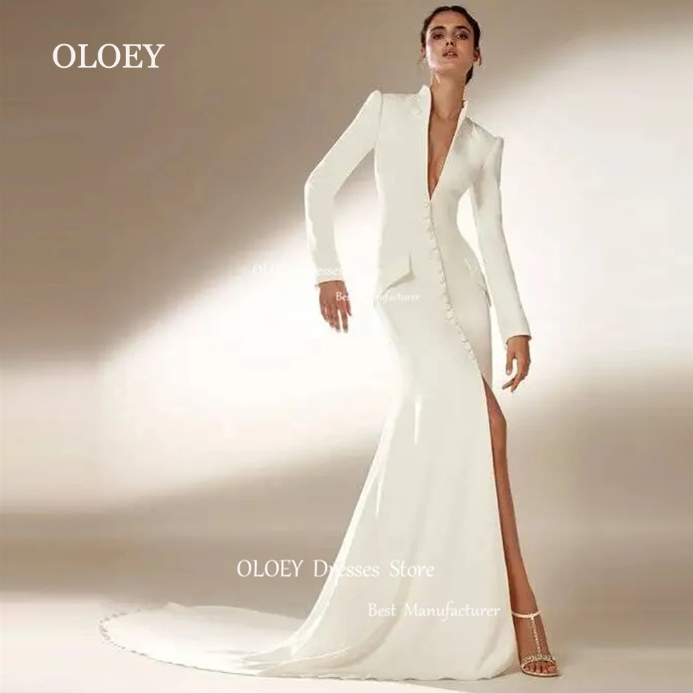 

OLOEY Modern Deep V-Neck Wedding Dresses Silky Satin Long Sleeves Braid Gowns High Slit Custom Made Formal Evening Dresses