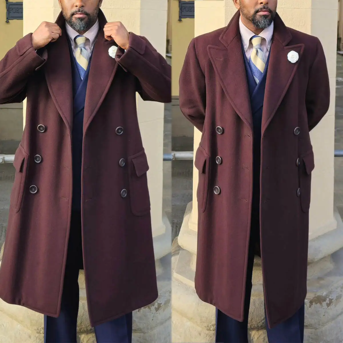 

Atutumn Winter Warm Men Overcoat Wool Blend Trench Coat Solid Color Double Breasted Long Jacket Business Office Customized