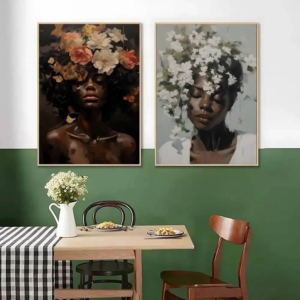 Black Woman With Blossom Peony Rose Lily Flower Poster Kraft Club Bar Paper Vintage Posters Wall Painting Bedroom Study Stickers