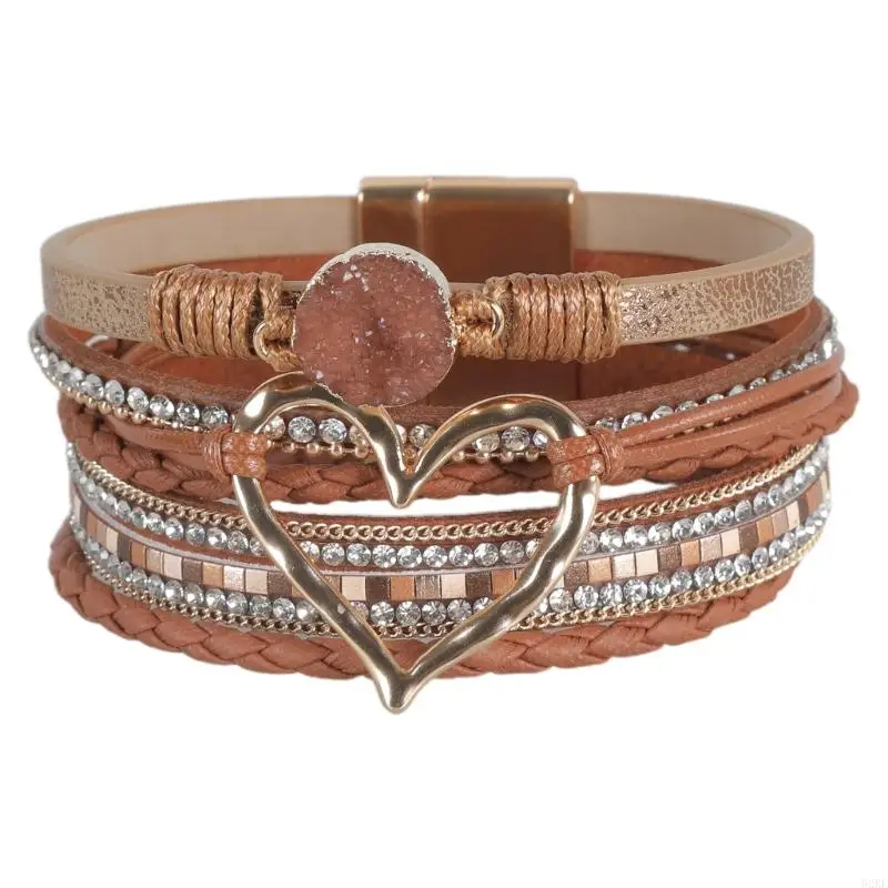 62KE Bracelet for Women Bohomian Leather Wrap Multi-Layer Heart Bracelet Bangle Jewelry Gift Fashionable Wrist Accessory