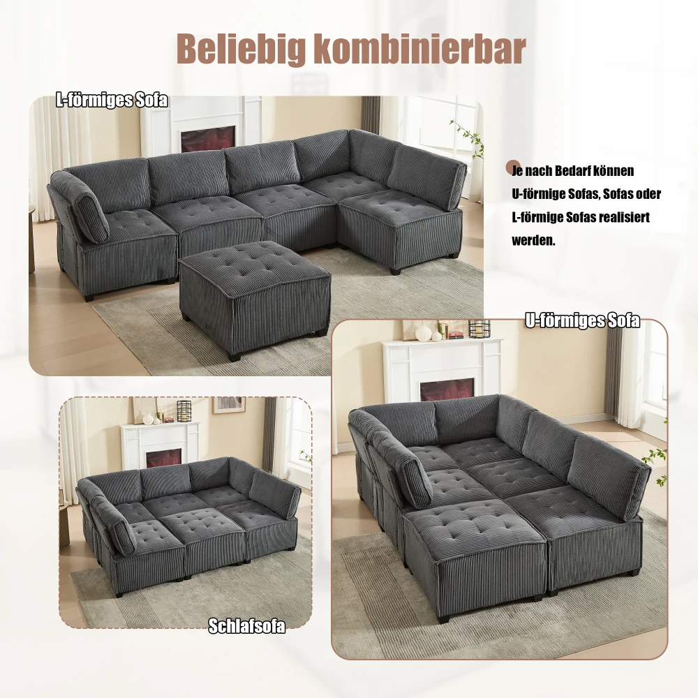 Sofa Modulares 6-Sitzer-Sofa, Kordelstoff, ergonomisch, Aufbewahrungstaschen, flexibel kombiniert als U-Form/L-Form/Sofabett – Detail 25