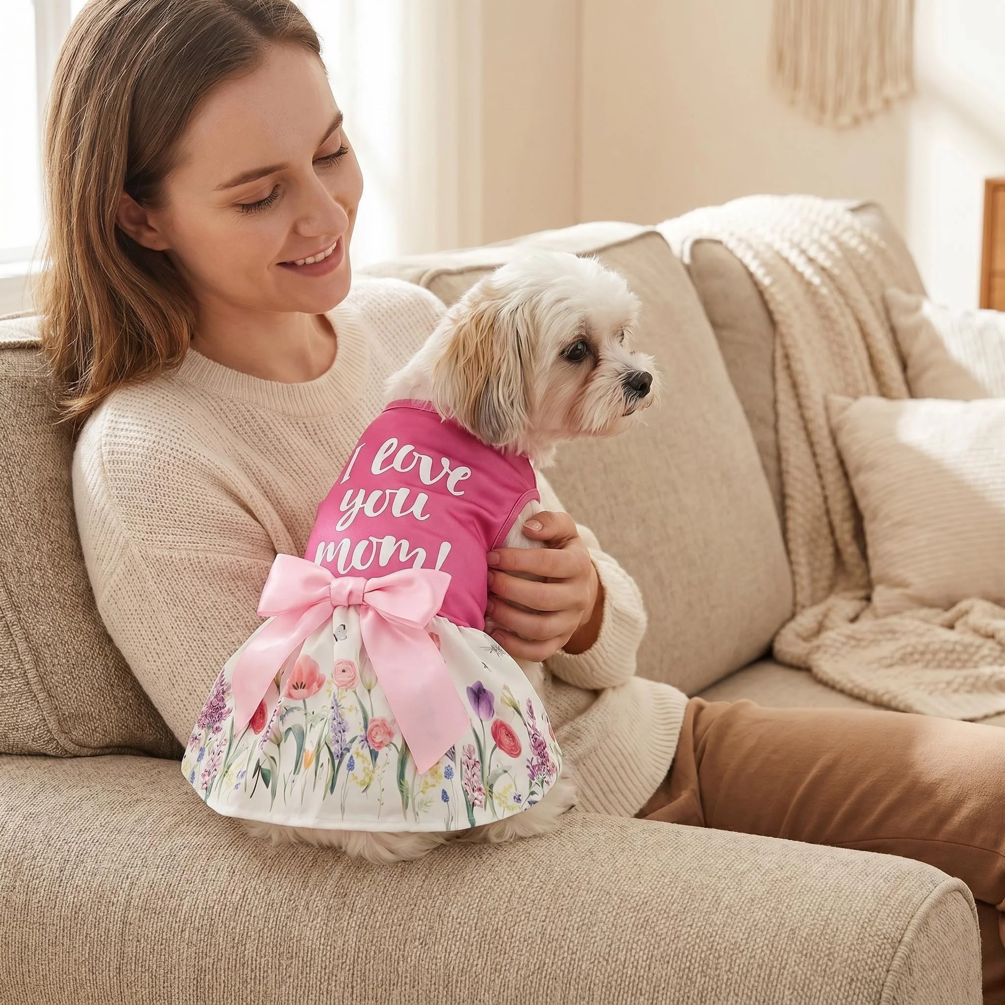 Dog Dress Girl Dog Sleeveless  Clothes Floral Pet Apparel Pink Bowknot Cat Clothing Puppy Dresses Doggy Costume Mothers\' Day