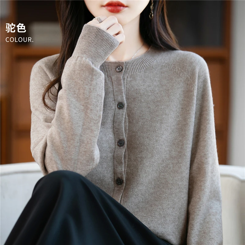 

Кардиган, свитер из 100% мериносовой шерсти, осенне-зимний пуловер с круглым вырезом, женский трикотаж с длинными рукавами, элегантная одежда, топы