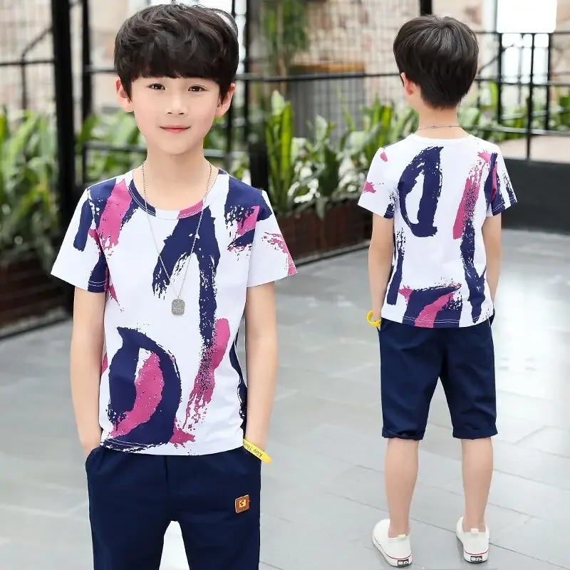 Summer Boys Clothes Sets T-Shirt + Pants Hip Hop Set Streetwear Baby Kids Tracksuit Children Clothing Suits 4 6 8 10 12 Years