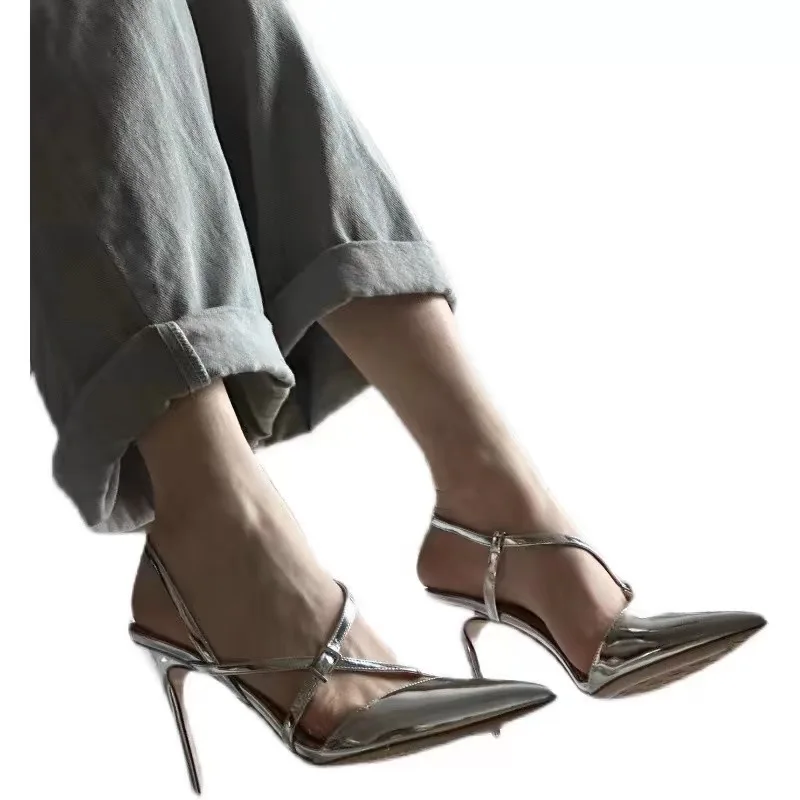 Women's Solid Color Trendy Sandals, Ankle Buckle Strap High Heel Summer Shoes, Versatile Dress Shoes