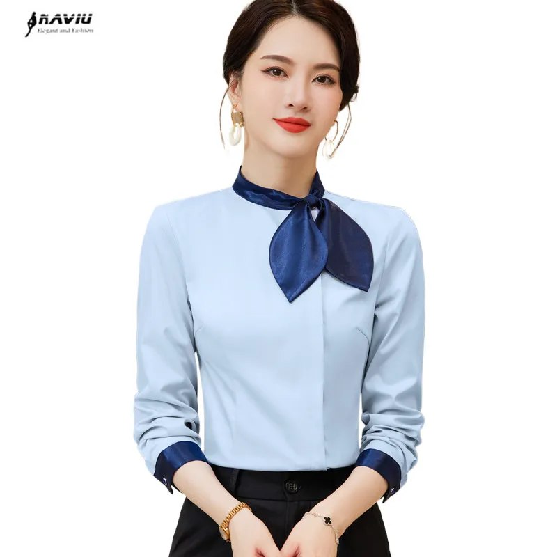 NAVIU Long Sleeve Blue Shirt Women\'s Business Uniform Formal Bow Collar Slim Blouses Office Lady Work Tops White