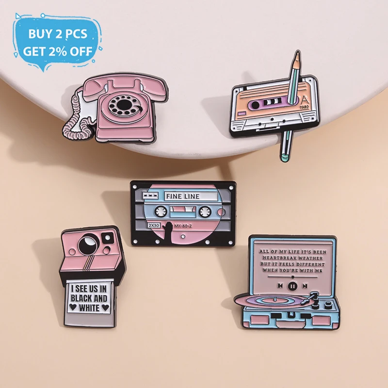 90s Vintage Fine Line Cassette Enamel Pin Pink Rotary Phone Camera Nostalgia Brooch Lapel Badge  Jewelry Gift For Friends