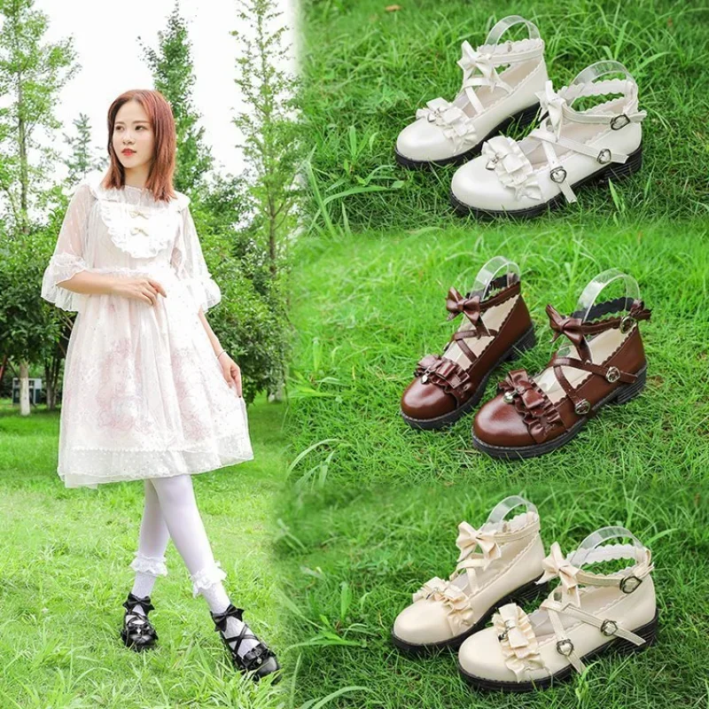 Scarpe Lolita Scarpe casual da studente a testa tonda in pizzo giapponese JK uniforme Lolita piccole scarpe in pelle pizzo femminile