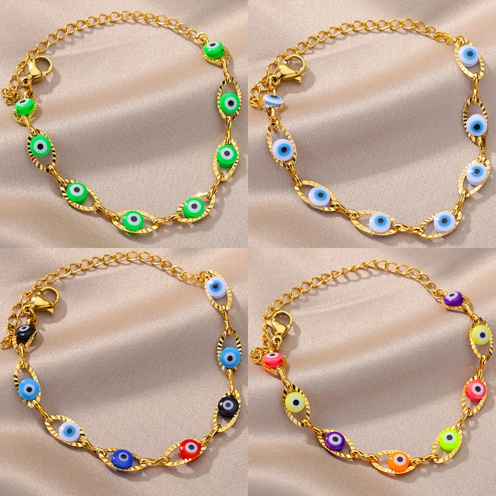 Bracelet de perles colorées en acier inoxydable pour femmes, mauvais œil, bijoux de vacances Boho, accessoires bohèmes, cadeau