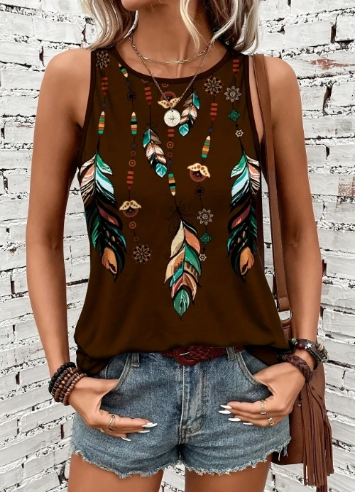 

Hot Selling for Women 2024 Summer Top T-Shirt Ethnic Tribal Style Printed Sleeveless Round Neck Vest Pullover Tee New Fashion