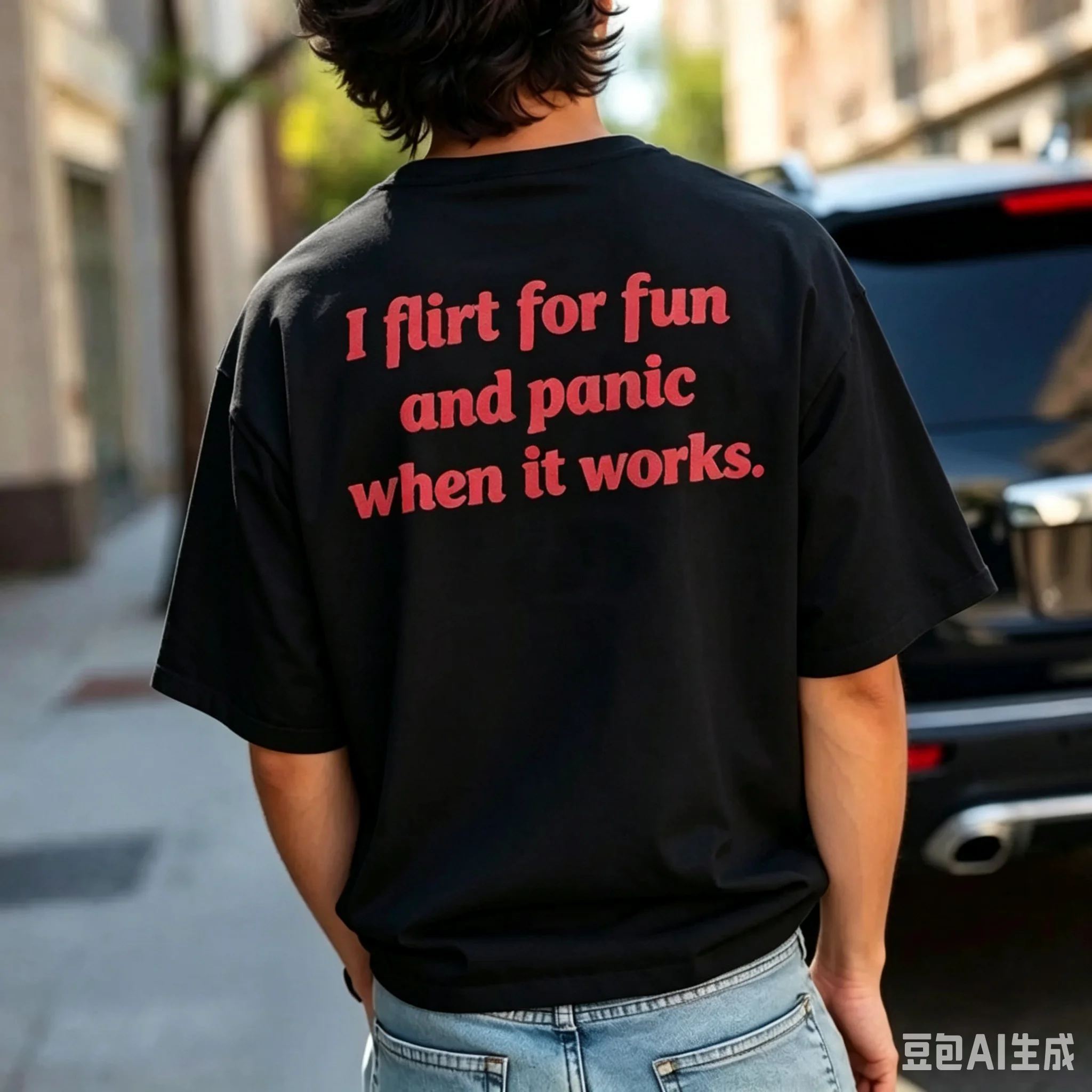 White Three-tier Burgundy Self-deprecating Flirt Slogan Back Print Tee Step-down Centered Line Layout Oversized Unisex Tops