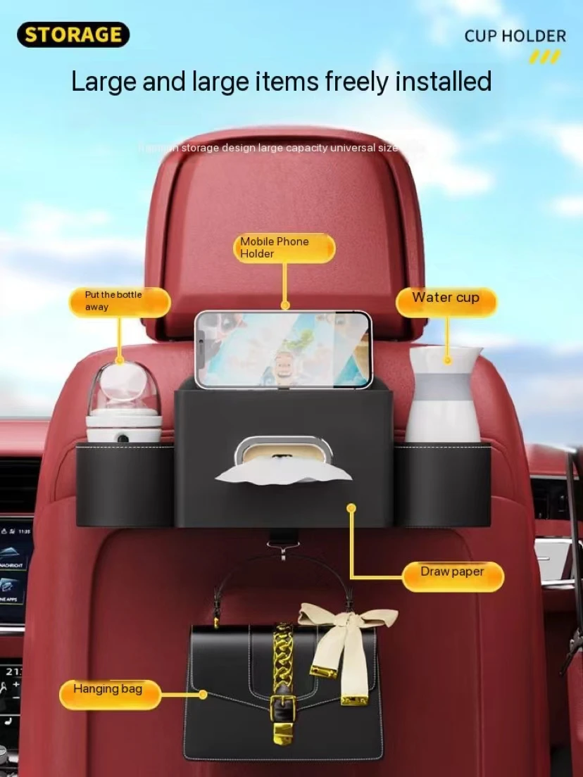 

Car Seat Back Storage Box Drink Leather Auto Tissue Water Cup Holder With Hooks Rear Backseat Phone hanging Organizer Accessorie