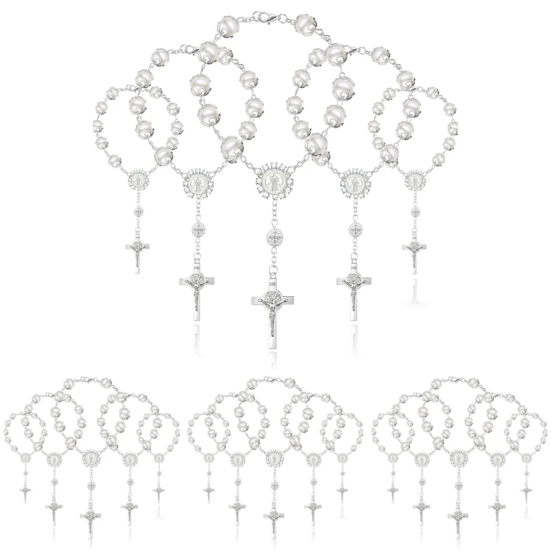 20Pcs Baptism สร้อยข้อมือคาทอลิก Holy Communion เงินสี Crucifix จี้สร้อยข้อมือลูกปัดสำหรับ Baptism