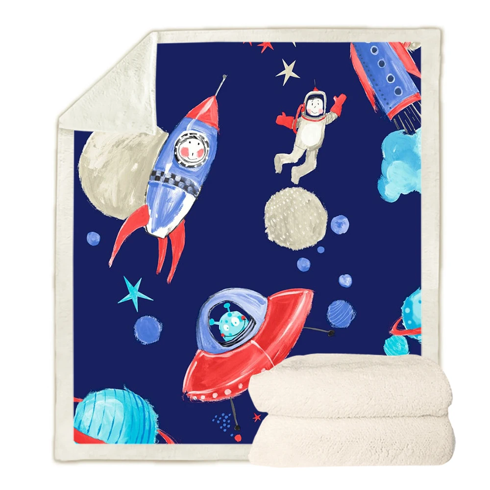 HX Fashion Children's Throw Blankets Rocket Astronaut 3D Graphic Double Layer Blanket Throw Keep Warm Quilt Dropshipping