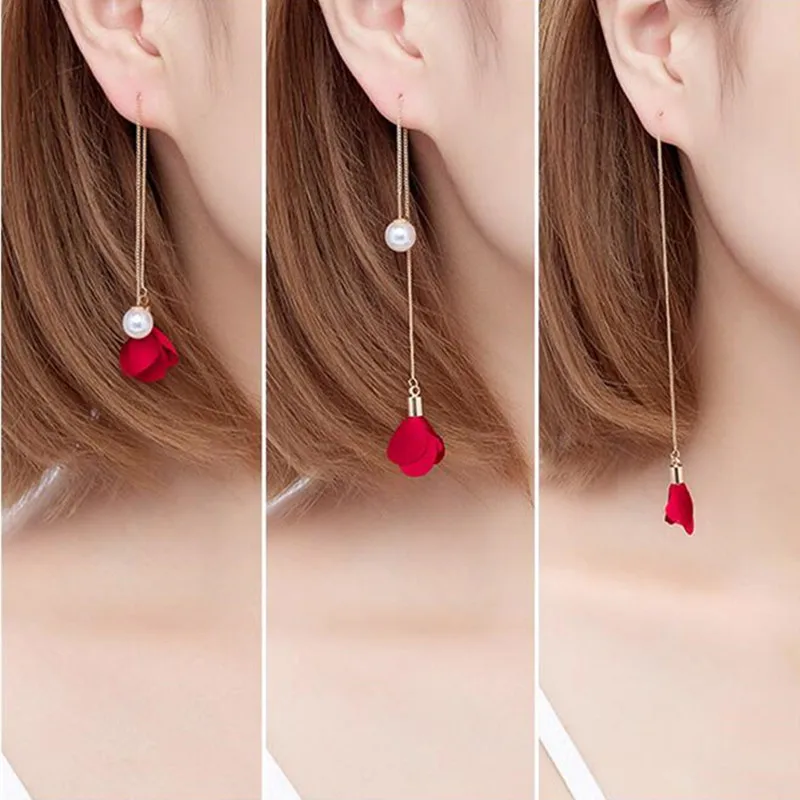 New 8 Colors Flower Long Tassel Earrings For Women Fashion Imitation Pearl Earrings Ear Line Elegant Wedding Party Jewelry Gift