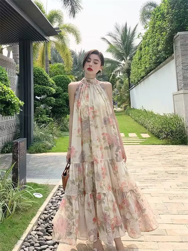 

Women Dress Summer Floral Halter Boho Holiday Beach Long Dress A-Line High Waist Casual Sexy Backless Vestidos